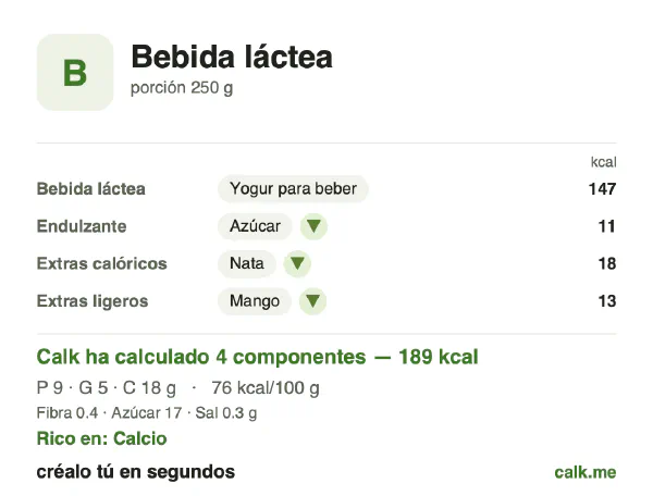Ficha de Calk, versión más calórica de Bebidas lácteas: 76 kcal por 100 g, proteínas/grasas/hidratos 22/31/47