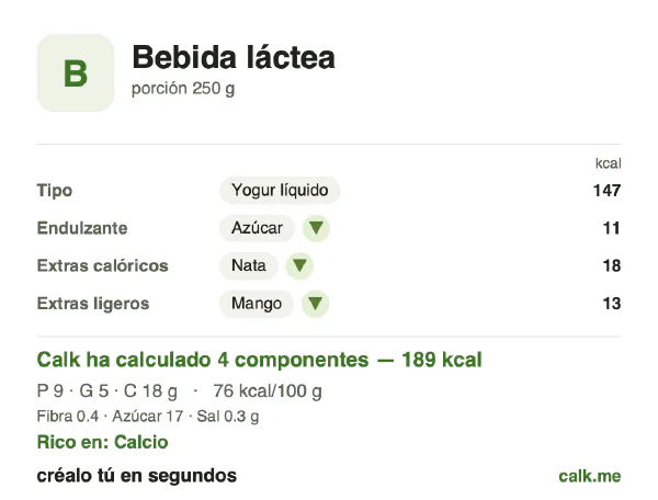 Ficha de Calk, versión más calórica de Bebidas lácteas: 76 kcal por 100 g, proteínas/grasas/hidratos 22/31/47