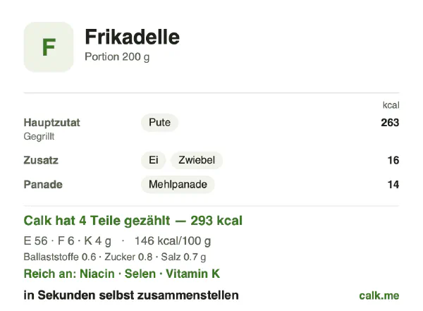 Calk-Karte für die kalorienärmere Variante von Frikadelle: 146 kcal pro 100 g, Eiweiß/Fett/Kohlenhydrate 77/17/6