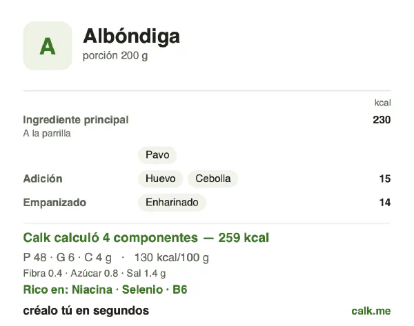 Tarjeta de Calk, versión menos calórica de Tortitas de carne picada: 130 kcal por 100 g, proteínas/grasas/carbohidratos 74/20/6