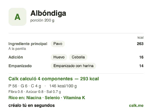 Tarjeta de Calk, versión menos calórica de Tortitas de carne picada: 146 kcal por 100 g, proteínas/grasas/carbohidratos 77/17/6