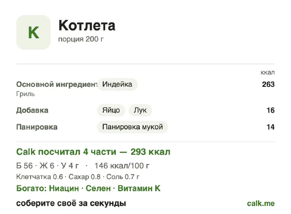 Карточка Calk, менее калорийный вариант Котлета: 146 ккал на 100 г, белки/жиры/углеводы 77/17/6