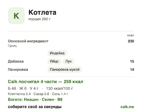 Карточка «Котлета» в Calk — менее калорийный вариант: 130 ккал на 100 г, белки/жиры/углеводы 74/20/6