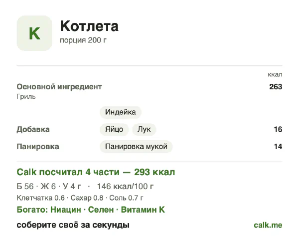 Карточка «Котлета» в Calk — менее калорийный вариант: 146 ккал на 100 г, белки/жиры/углеводы 77/17/6