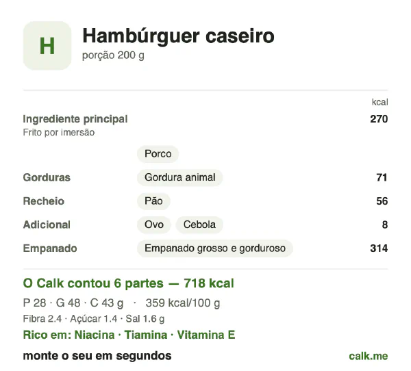 Cartão do Calk para a versão mais calórica de Hambúrguer caseiro: 359 kcal por 100 g, proteína/gordura/carboidratos 16/60/24