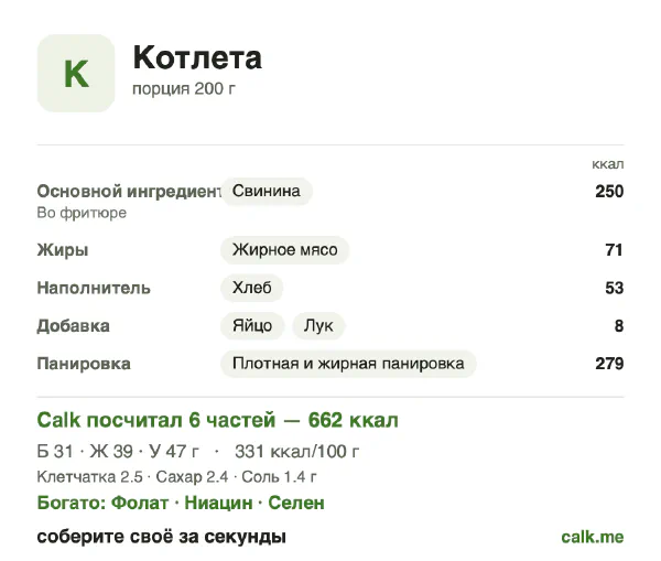 Карточка Calk, более калорийный вариант Котлета: 331 ккал на 100 г, белки/жиры/углеводы 19/53/28