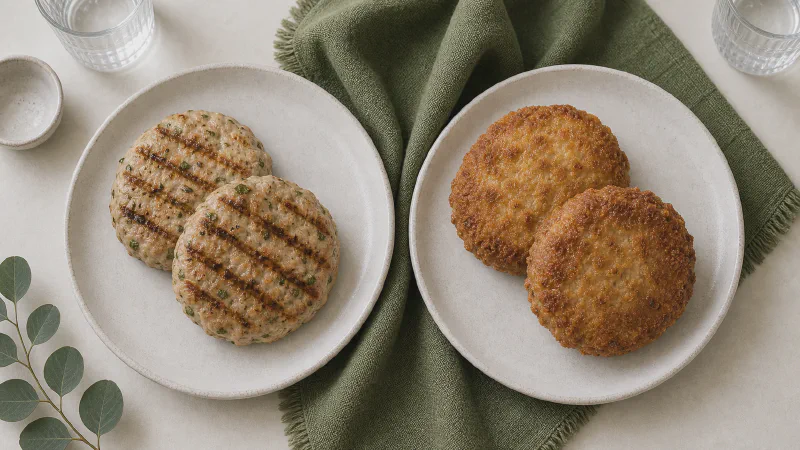 Meat patties: lower- and higher-calorie Calk versions side by side