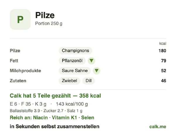 Calk-Karte für die kalorienärmere Variante von Pilze: 143 kcal pro 100 g, Eiweiß/Fett/Kohlenhydrate 7/89/4