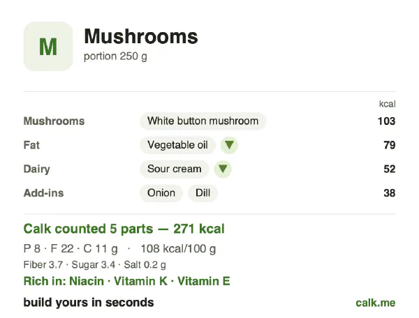 Lower calorie Calk card for Mushrooms: 108 kcal per 100 g, protein/fat/carbs 11/72/17