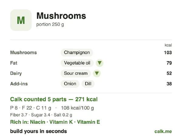 Lower calorie Calk card for Mushrooms: 108 kcal per 100 g, protein/fat/carbs 11/72/17