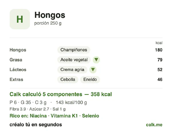 Tarjeta de Calk, versión menos calórica de Hongos: 143 kcal por 100 g, proteínas/grasas/carbohidratos 7/89/4