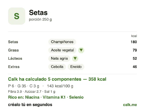 Ficha de Calk, versión menos calórica de Setas: 143 kcal por 100 g, proteínas/grasas/hidratos 7/89/4