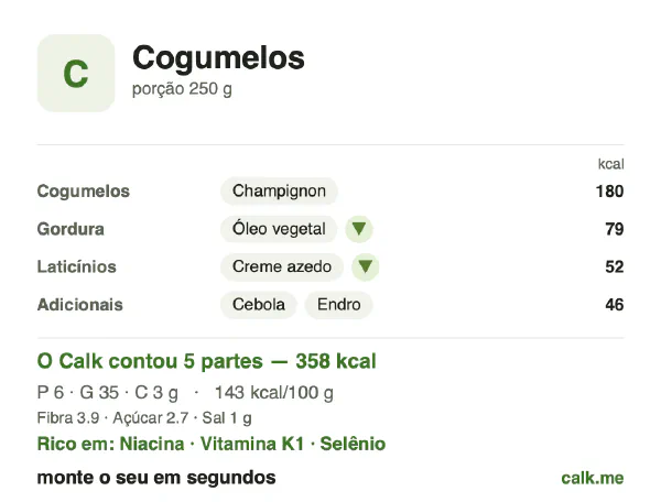 Cartão do Calk para a versão menos calórica de Cogumelos: 143 kcal por 100 g, proteína/gordura/carboidratos 7/89/4