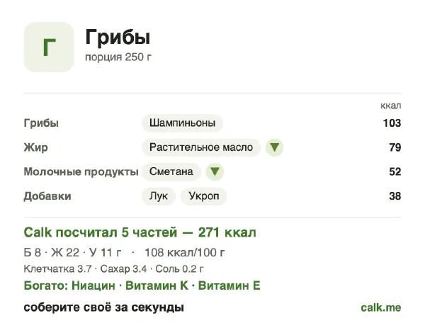 Карточка Calk, менее калорийный вариант Грибы: 108 ккал на 100 г, белки/жиры/углеводы 11/72/17