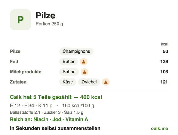 Calk-Karte für die kalorienreichere Variante von Pilze: 160 kcal pro 100 g, Eiweiß/Fett/Kohlenhydrate 12/77/11