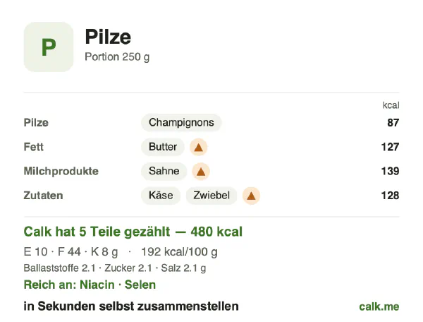 Calk-Karte für die kalorienreichere Variante von Pilze: 192 kcal pro 100 g, Eiweiß/Fett/Kohlenhydrate 8/84/7