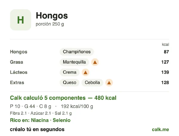 Tarjeta de Calk, versión más calórica de Hongos: 192 kcal por 100 g, proteínas/grasas/carbohidratos 8/84/7