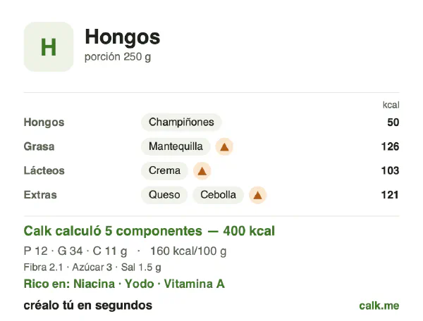 Tarjeta de Calk, versión más calórica de Hongos: 160 kcal por 100 g, proteínas/grasas/carbohidratos 12/77/11