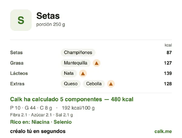 Ficha de Calk, versión más calórica de Setas: 192 kcal por 100 g, proteínas/grasas/hidratos 8/84/7