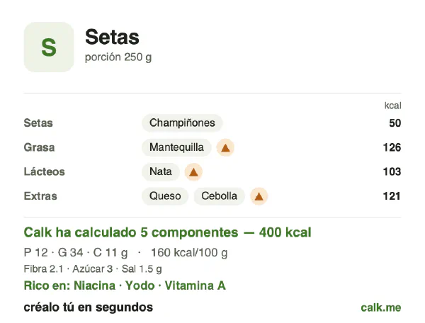 Ficha de Calk, versión más calórica de Setas: 160 kcal por 100 g, proteínas/grasas/hidratos 12/77/11