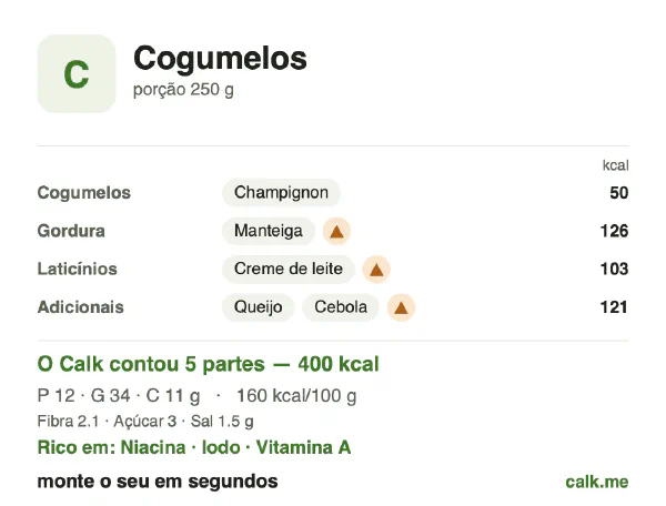 Cartão do Calk para a versão mais calórica de Cogumelos: 160 kcal por 100 g, proteína/gordura/carboidratos 12/77/11