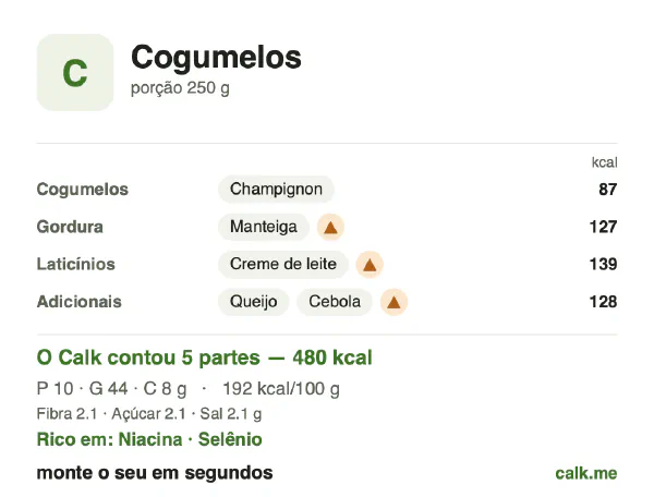 Cartão do Calk para a versão mais calórica de Cogumelos: 192 kcal por 100 g, proteína/gordura/carboidratos 8/84/7