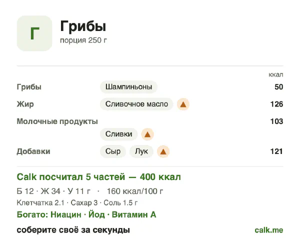 Карточка «Грибы» в Calk — более калорийный вариант: 160 ккал на 100 г, белки/жиры/углеводы 12/77/11