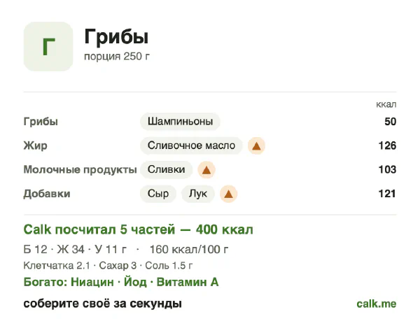 Карточка Calk, более калорийный вариант Грибы: 160 ккал на 100 г, белки/жиры/углеводы 12/77/11