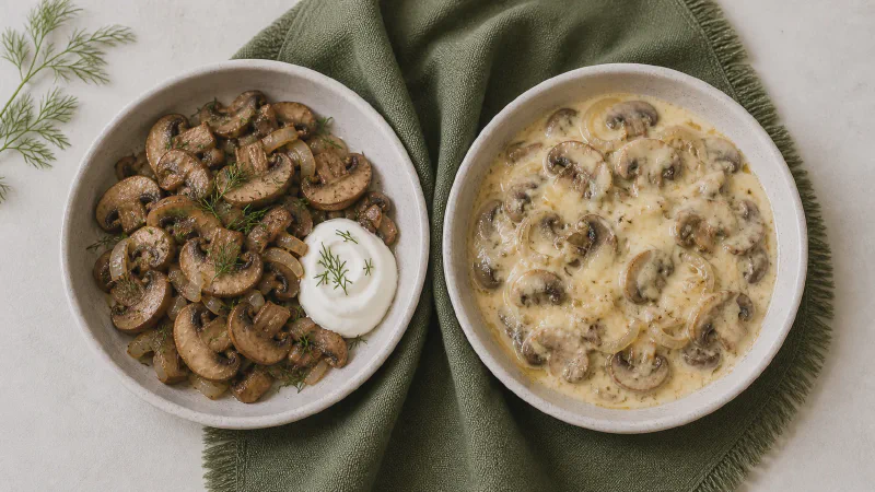 Fried mushrooms: lower- and higher-calorie Calk versions side by side