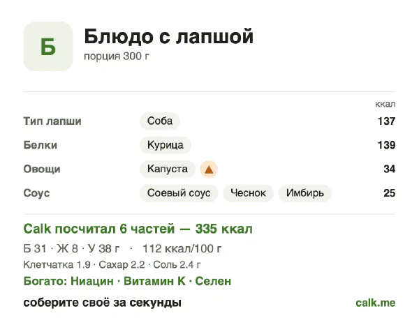 Карточка Calk, менее калорийный вариант Блюдо с лапшой: 112 ккал на 100 г, белки/жиры/углеводы 36/21/43
