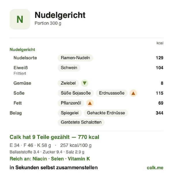 Calk-Karte für die kalorienreichere Variante von Nudelgericht: 257 kcal pro 100 g, Eiweiß/Fett/Kohlenhydrate 17/53/30