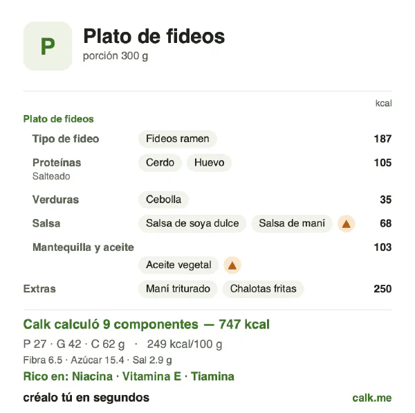 Tarjeta de Calk, versión más calórica de Plato de fideos: 249 kcal por 100 g, proteínas/grasas/carbohidratos 15/52/34