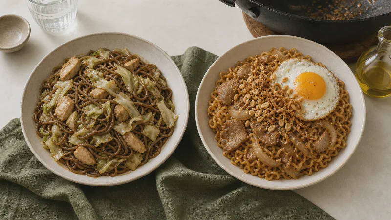 Stir-fried noodles: lower- and higher-calorie Calk versions side by side