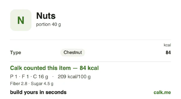 Lower calorie Calk card for Nuts: 209 kcal per 100 g, protein/fat/carbs 7/8/85