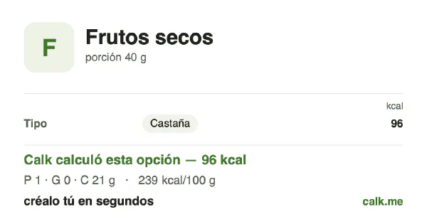 Tarjeta de Calk, versión menos calórica de Frutos secos: 239 kcal por 100 g, proteínas/grasas/carbohidratos 5/5/90