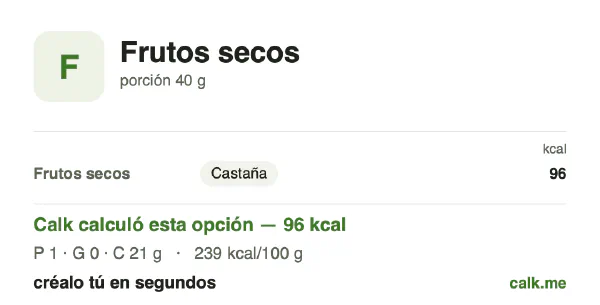 Tarjeta de Calk, versión menos calórica de Frutos secos: 239 kcal por 100 g, proteínas/grasas/carbohidratos 5/5/90