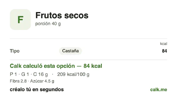Tarjeta de Calk, versión menos calórica de Frutos secos: 209 kcal por 100 g, proteínas/grasas/carbohidratos 7/8/85