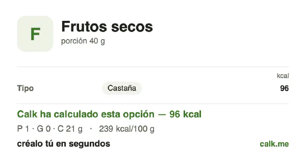Ficha de Calk, versión menos calórica de Frutos secos: 239 kcal por 100 g, proteínas/grasas/hidratos 5/5/90