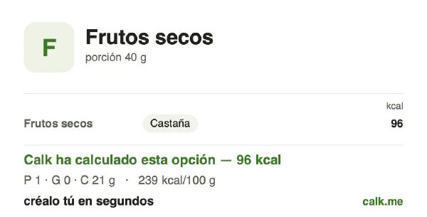 Ficha de Calk, versión menos calórica de Frutos secos: 239 kcal por 100 g, proteínas/grasas/hidratos 5/5/90