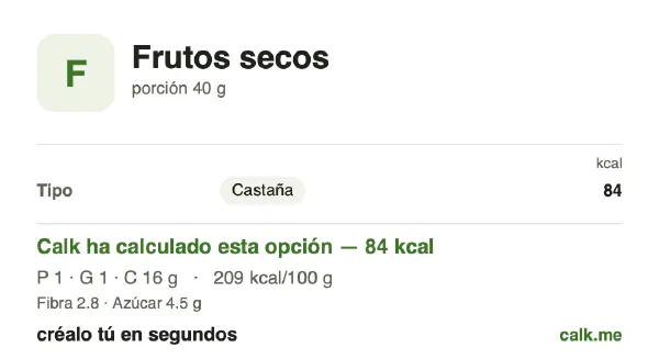 Ficha de Calk, versión menos calórica de Frutos secos: 209 kcal por 100 g, proteínas/grasas/hidratos 7/8/85