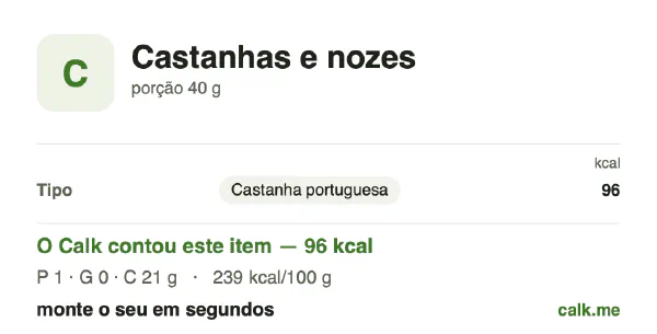 Cartão do Calk para a versão menos calórica de Castanhas e nozes: 239 kcal por 100 g, proteína/gordura/carboidratos 5/5/90