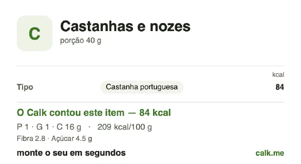 Cartão do Calk para a versão menos calórica de Castanhas e nozes: 209 kcal por 100 g, proteína/gordura/carboidratos 7/8/85