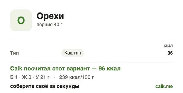 Карточка «Орехи» в Calk — менее калорийный вариант: 239 ккал на 100 г, белки/жиры/углеводы 5/5/90