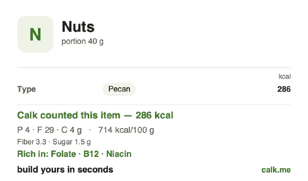 Higher calorie Calk card for Nuts: 714 kcal per 100 g, protein/fat/carbs 5/90/5