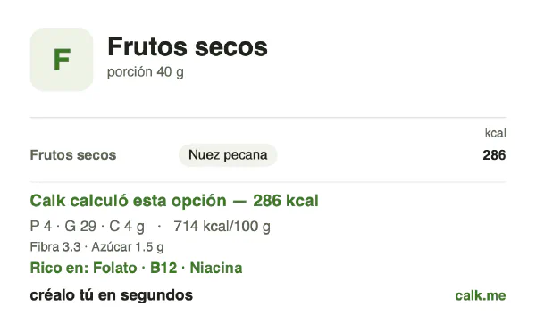 Tarjeta de Calk, versión más calórica de Frutos secos: 714 kcal por 100 g, proteínas/grasas/carbohidratos 5/90/5