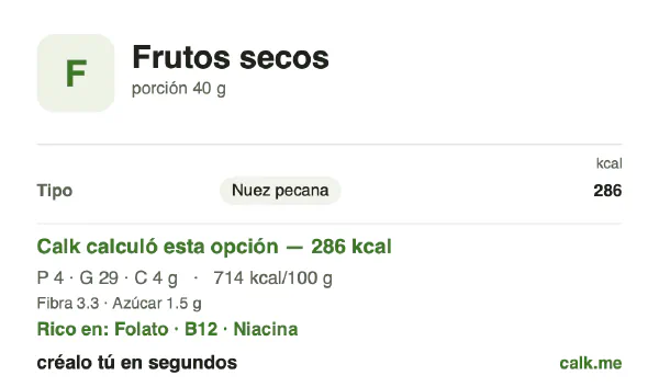 Tarjeta de Calk, versión más calórica de Frutos secos: 714 kcal por 100 g, proteínas/grasas/carbohidratos 5/90/5