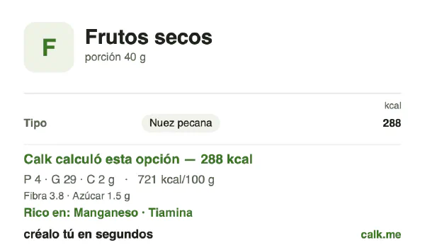 Tarjeta de Calk, versión más calórica de Frutos secos: 721 kcal por 100 g, proteínas/grasas/carbohidratos 5/92/2
