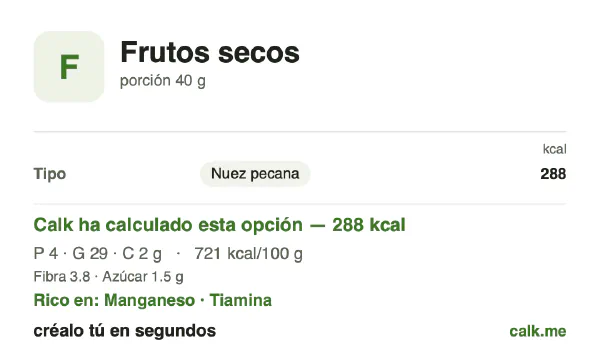 Ficha de Calk, versión más calórica de Frutos secos: 721 kcal por 100 g, proteínas/grasas/hidratos 5/92/2