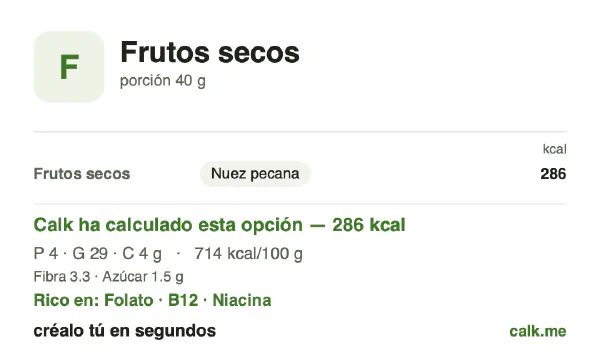 Ficha de Calk, versión más calórica de Frutos secos: 714 kcal por 100 g, proteínas/grasas/hidratos 5/90/5