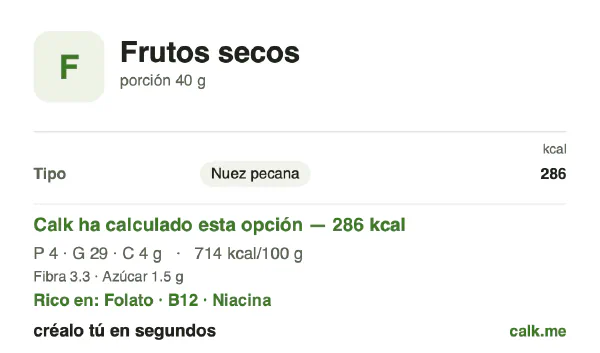 Ficha de Calk, versión más calórica de Frutos secos: 714 kcal por 100 g, proteínas/grasas/hidratos 5/90/5
